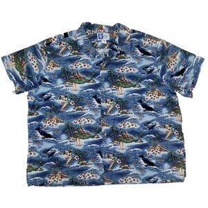 RJC Hawaiian Shirt Mens 4XL Blue Frolicking Dolphins Aloha Outrigger Palm Hut